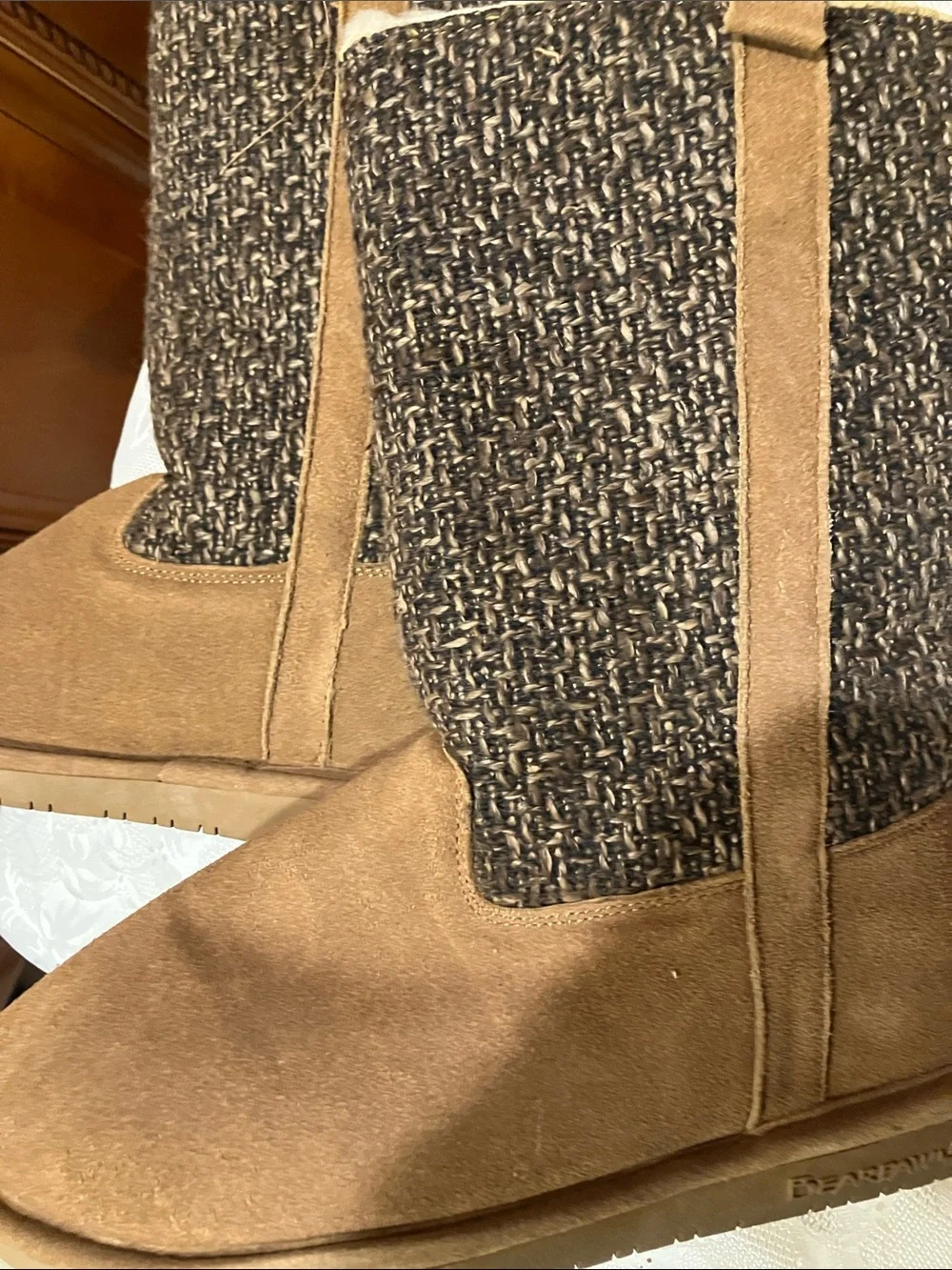 BearPaw Tan Suede and Charcoal Knit Winter Boots